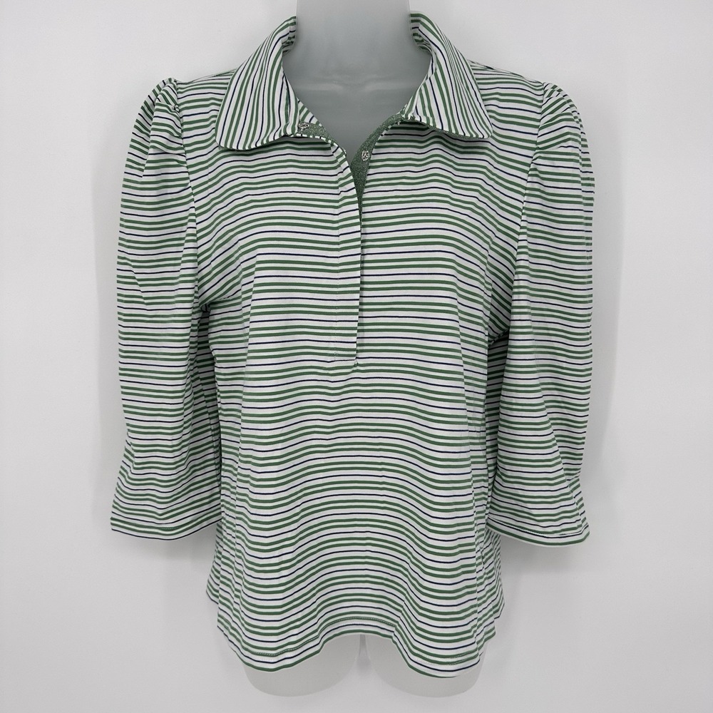 BURU Sz L Green/Blue Striped Collared Puff Sleeve Shirt Blouse Coastal Preppy